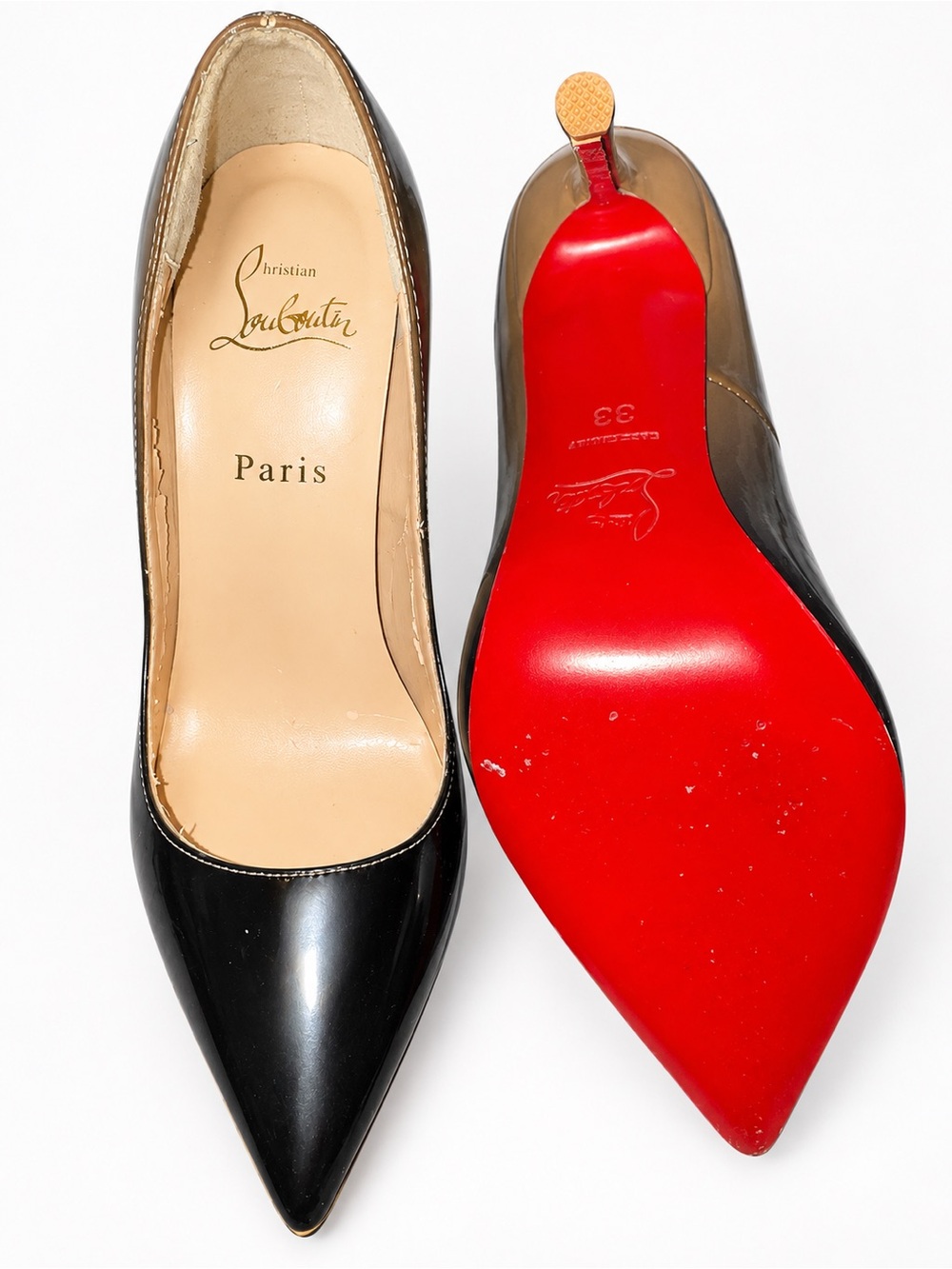 Christian Louboutin Black Brown Patent Pointed-Toe Pumps with Red Sole